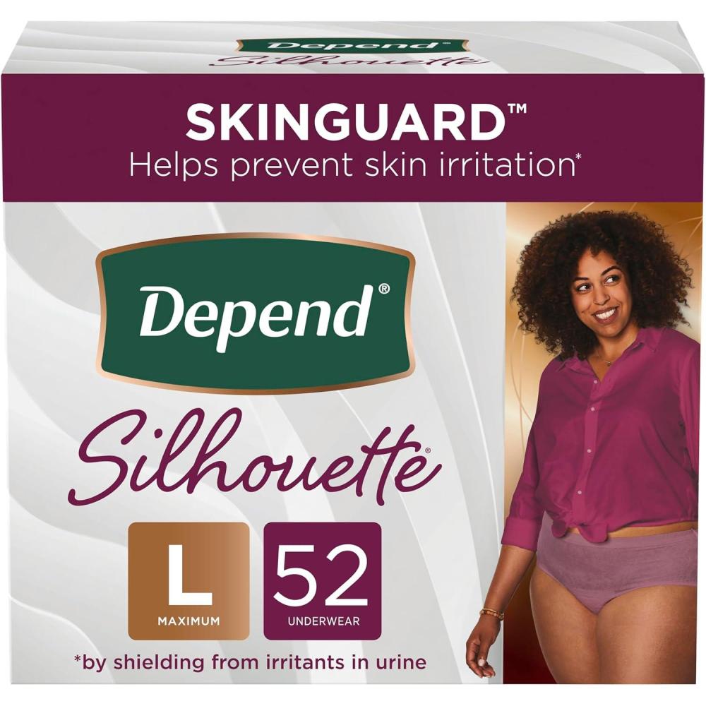 image:imageDepend Silhouette Adult Incontinence and Postpartum Underwear for Women Large Maximum Absorbency Berry 52 Count 2 Packs of 26 Packaging May Vary