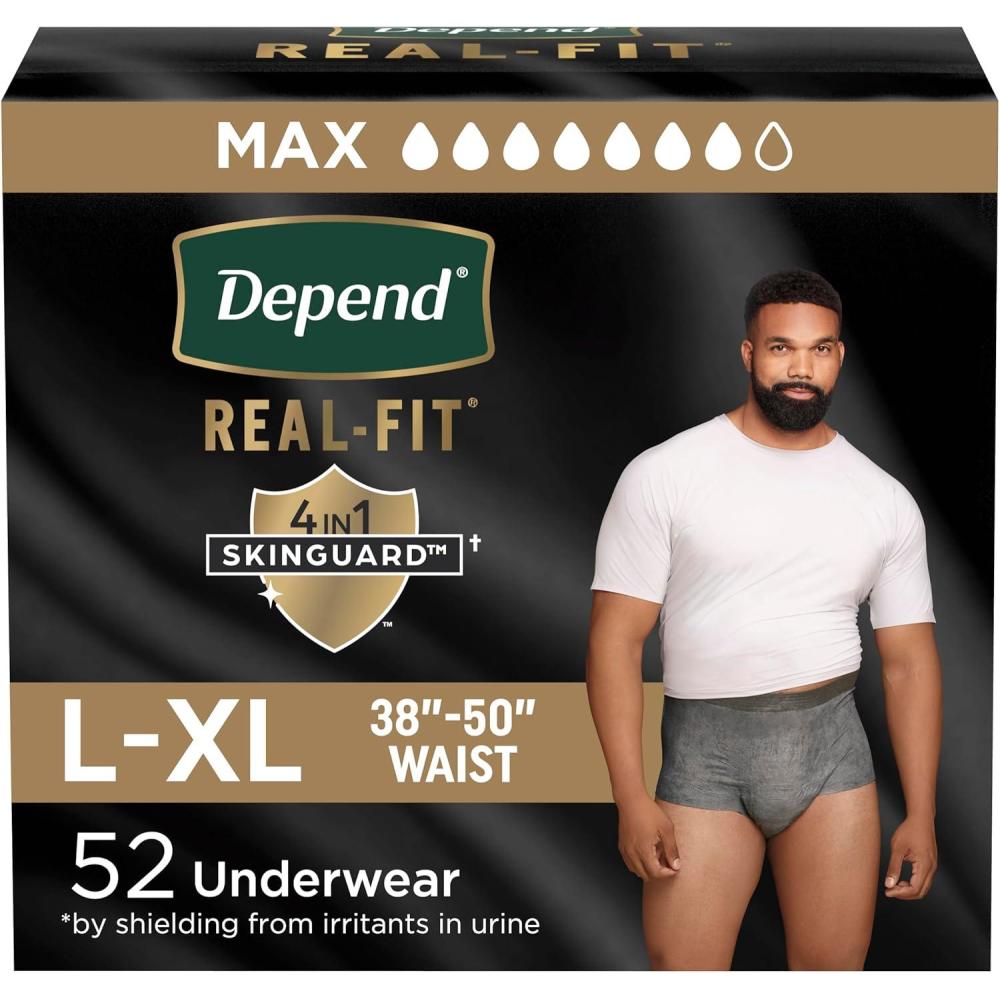 image:imageDepend Real Fit Adult Diapers Incontinence Underwear for Men Disposable Maximum Absorbency LargeExtra Large 52 Count 2 Packs of 26 Packaging May Vary