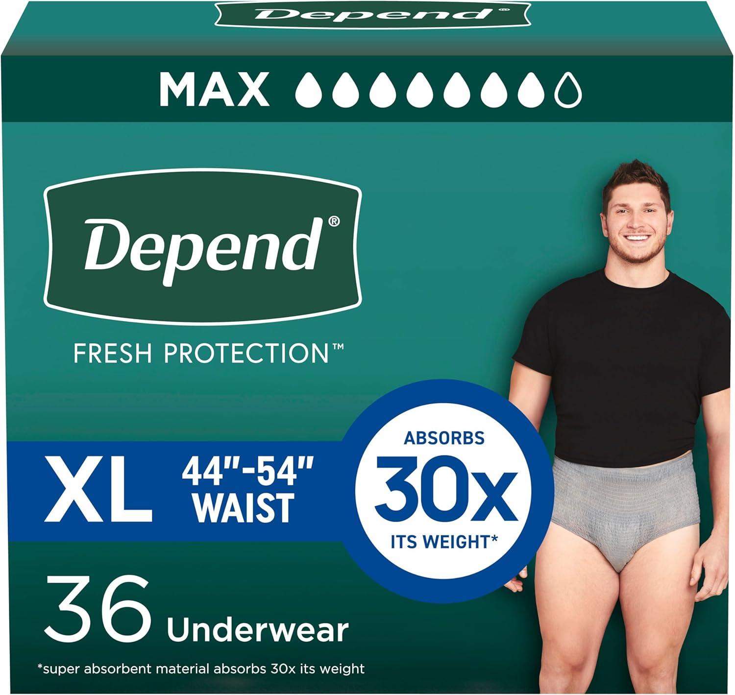 image:imageDepend Fresh Protection Adult Diapers Incontinence Underwear for Men Disposable Maximum ExtraLarge Grey 68 Count 2 Packs of 34 Packaging May VaryXLarge