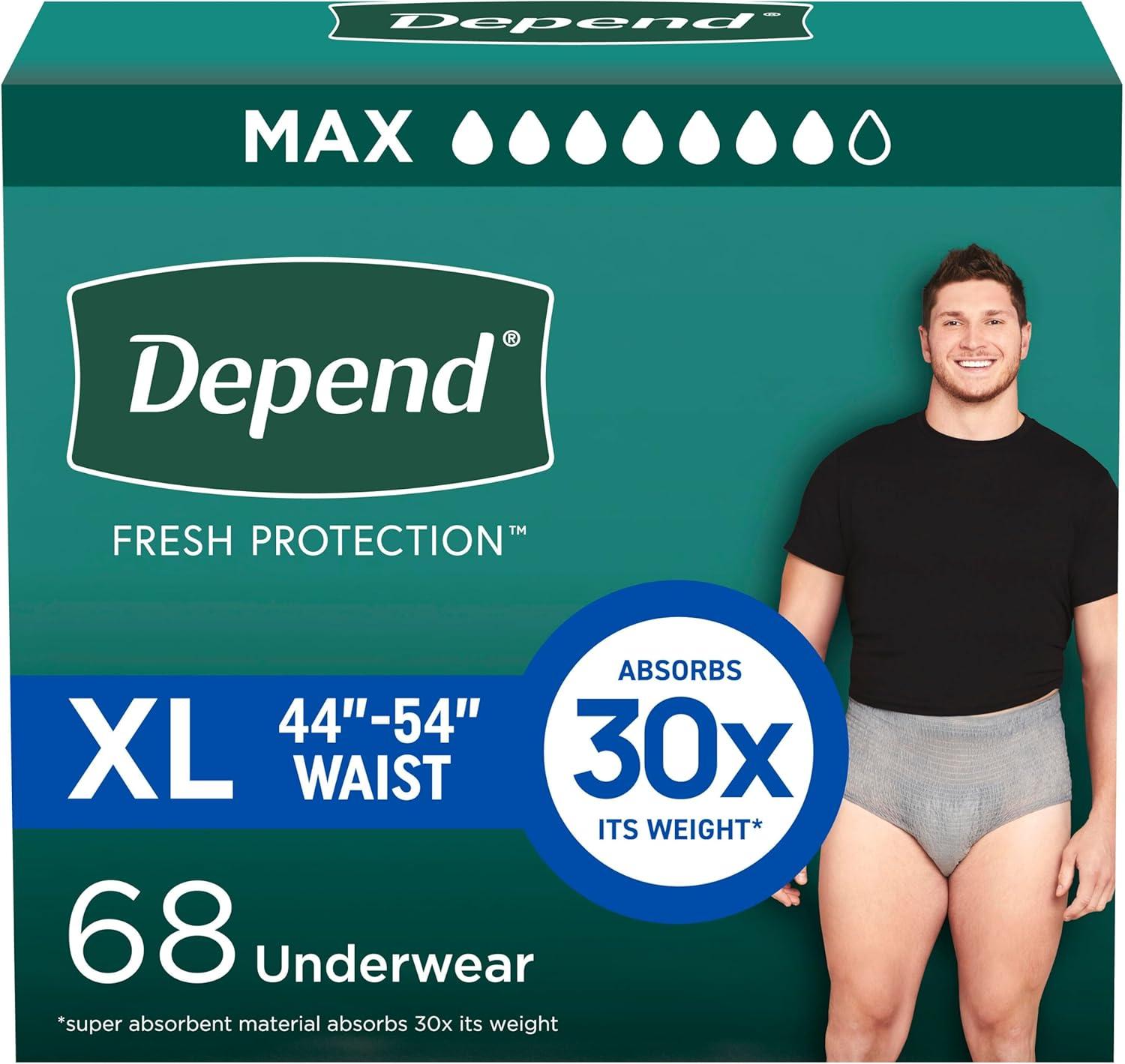 image:imageDepend Fresh Protection Adult Diapers Incontinence Underwear for Men Disposable Maximum ExtraLarge Grey 68 Count 2 Packs of 34 Packaging May VaryXLarge