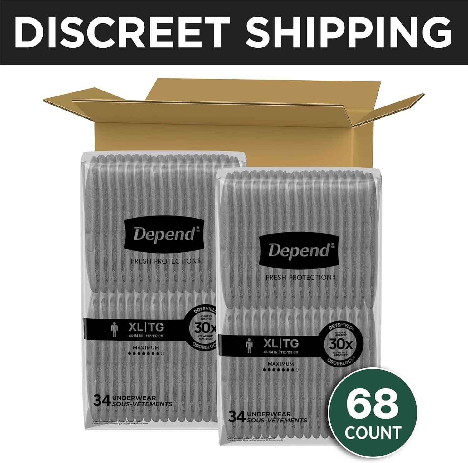 image:imageDepend Fresh Protection Adult Diapers Incontinence Underwear for Men Disposable Maximum ExtraLarge Grey 68 Count 2 Packs of 34 Packaging May VaryXLarge