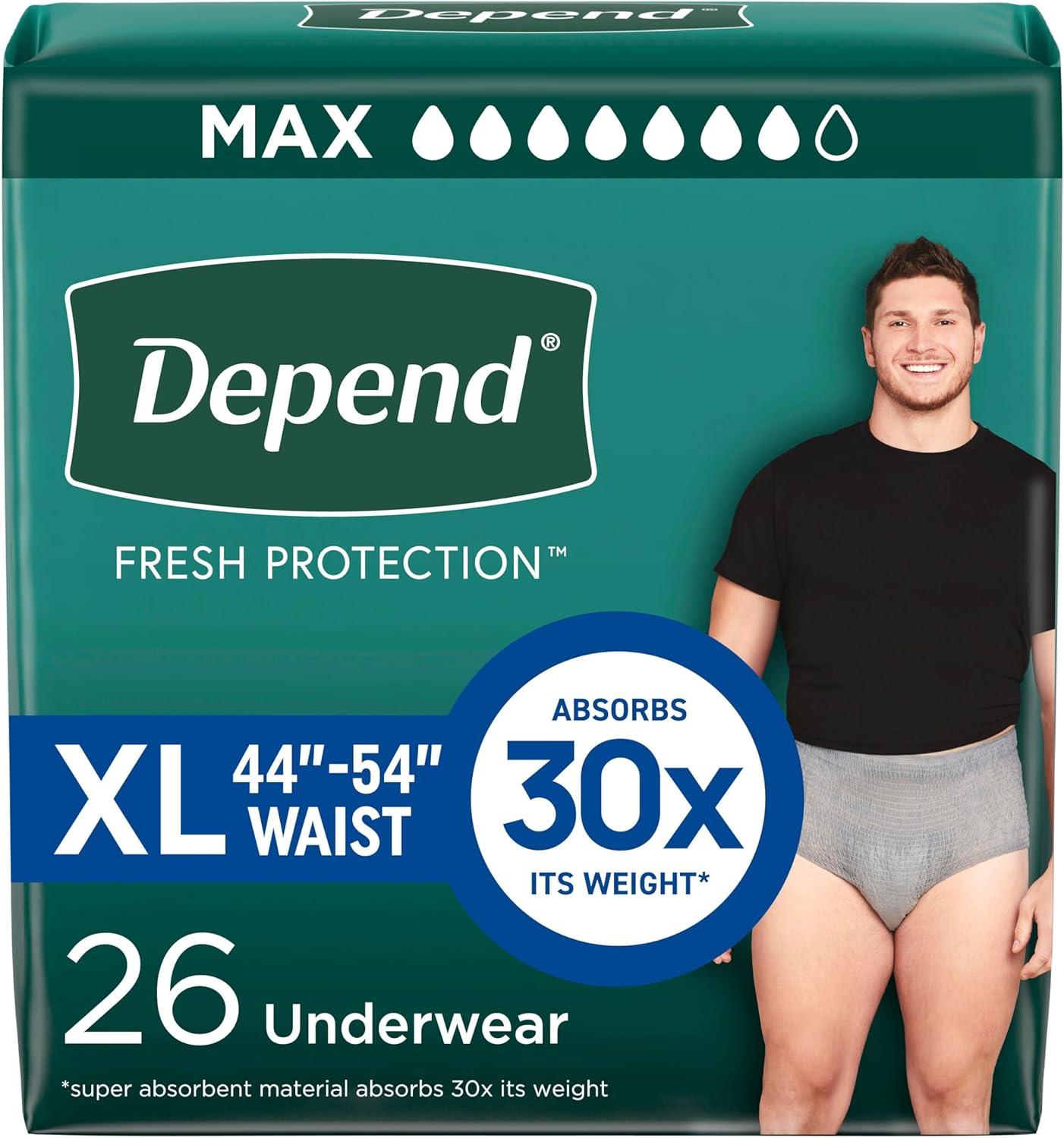 image:imageDepend Fresh Protection Adult Diapers Incontinence Underwear for Men Disposable Maximum ExtraLarge Grey 68 Count 2 Packs of 34 Packaging May VaryXLarge