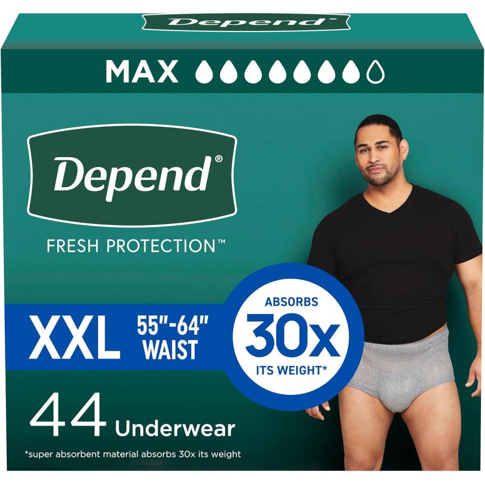 image:imageDepend Fresh Protection Adult Diapers Incontinence Underwear for Men Disposable Maximum ExtraLarge Grey 68 Count 2 Packs of 34 Packaging May Vary2XLarge