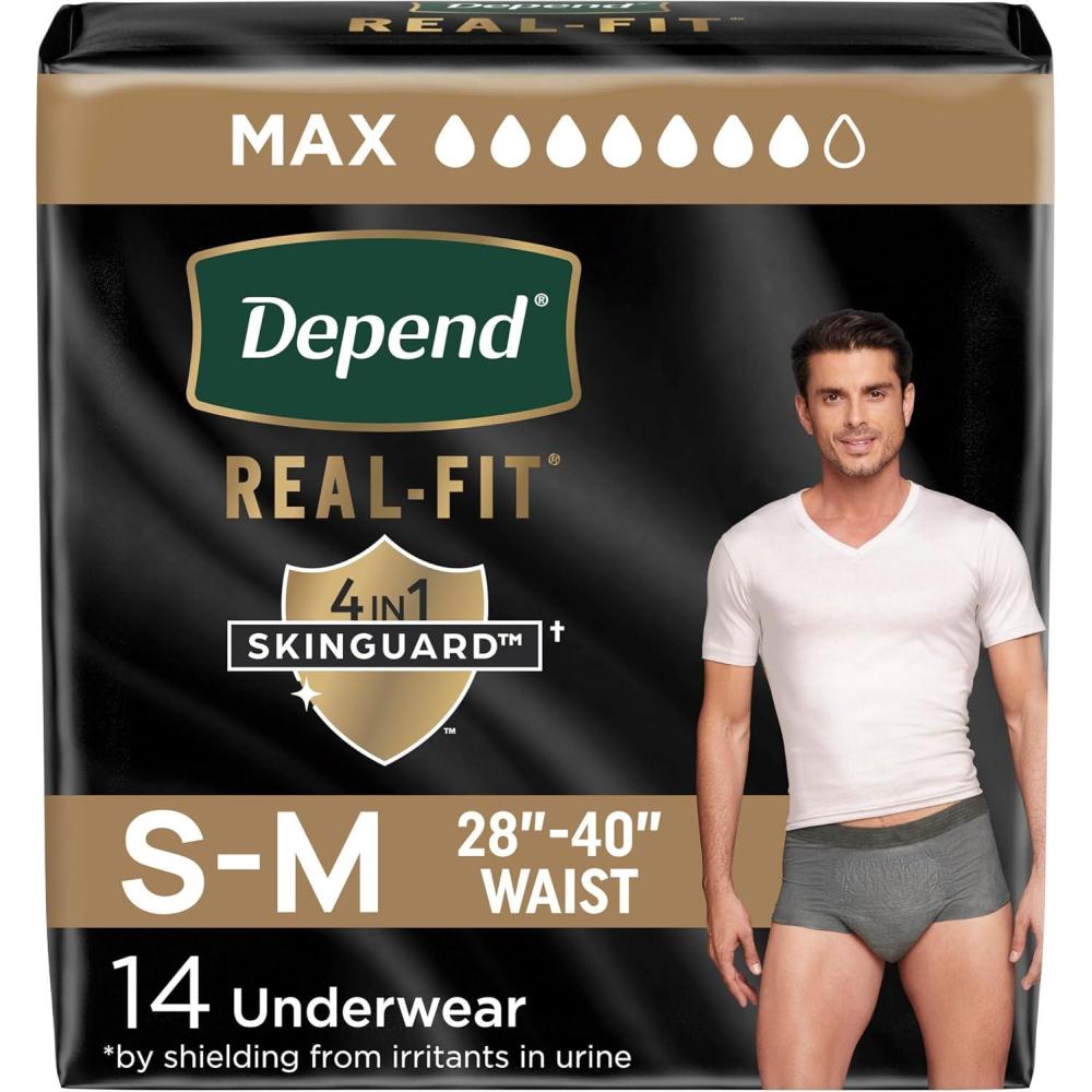 image:imageDepend Real Fit Adult Diapers Incontinence Underwear for Men Disposable Maximum Absorbency SmallMedium Black 56 Count 2 Packs of 28 Packaging May VaryGray