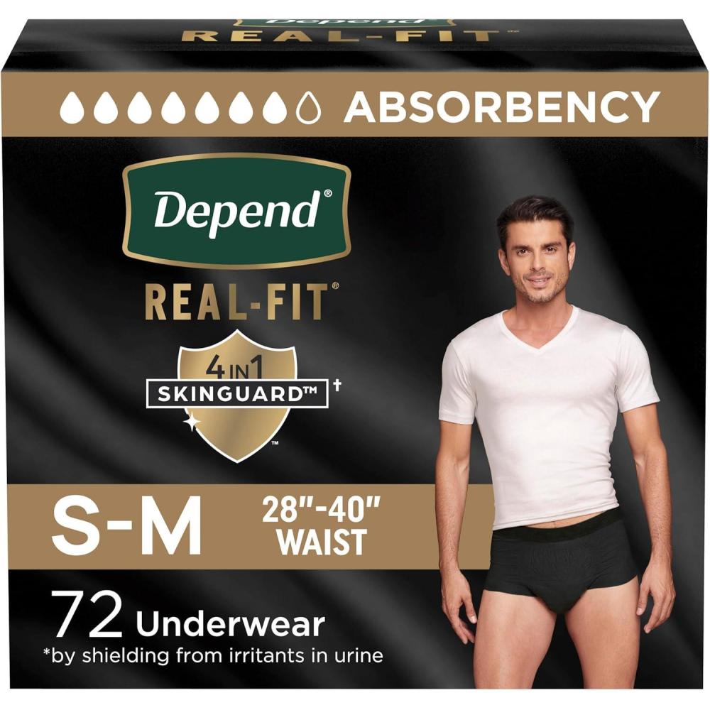image:imageDepend Real Fit Adult Diapers Incontinence Underwear for Men Disposable Maximum Absorbency SmallMedium Black 56 Count 2 Packs of 28 Packaging May VarySmallMedium Black