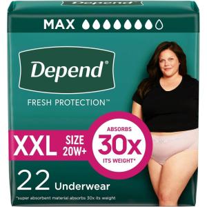 Depend Fresh Protection Adult Diapers, Incontinence & Postpartum Bladder Leak Underwear for Women, Disposable, Maximum, Extra-Extra-Large, Blush, 44 Count (2 Packs of 22), Packaging May Vary(2X-Large)