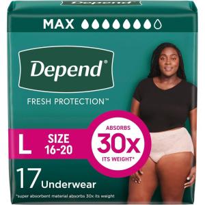 Depend Fresh Protection Adult Diapers, Incontinence & Postpartum Bladder Leak Underwear for Women, Disposable, Maximum, Extra-Extra-Large, Blush, 44 Count (2 Packs of 22), Packaging May Vary(Large)