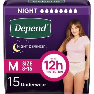 Depend Night Defense Adult Diapers, Incontinence & Postpartum Bladder Leak Underwear for Women, Disposable, Overnight, Medium, Blush, 60 Count (4 Packs of 15), Packaging May Vary(Medium)