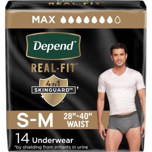 Depend Real Fit Adult Diapers, Incontinence Underwear for Men, Disposable, Maximum Absorbency, Small/Medium, Black, 56 Count (2 Packs of 28), Packaging May Vary(Gray)