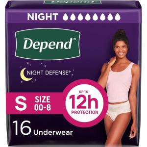 Depend Night Defense Adult Diapers, Incontinence & Postpartum Bladder Leak Underwear for Women, Disposable, Overnight, Small, Blush, 16 Count, Packaging May Vary(Small)